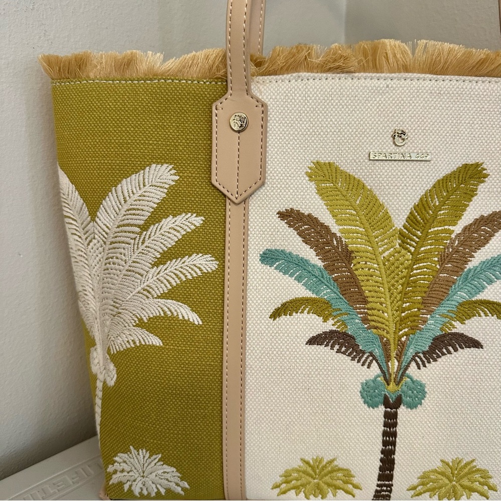 Spartina 449 Palm Tote Bag Embroidered Canvas Leather Trim Fringe Top Coastal - Picture 3 of 11